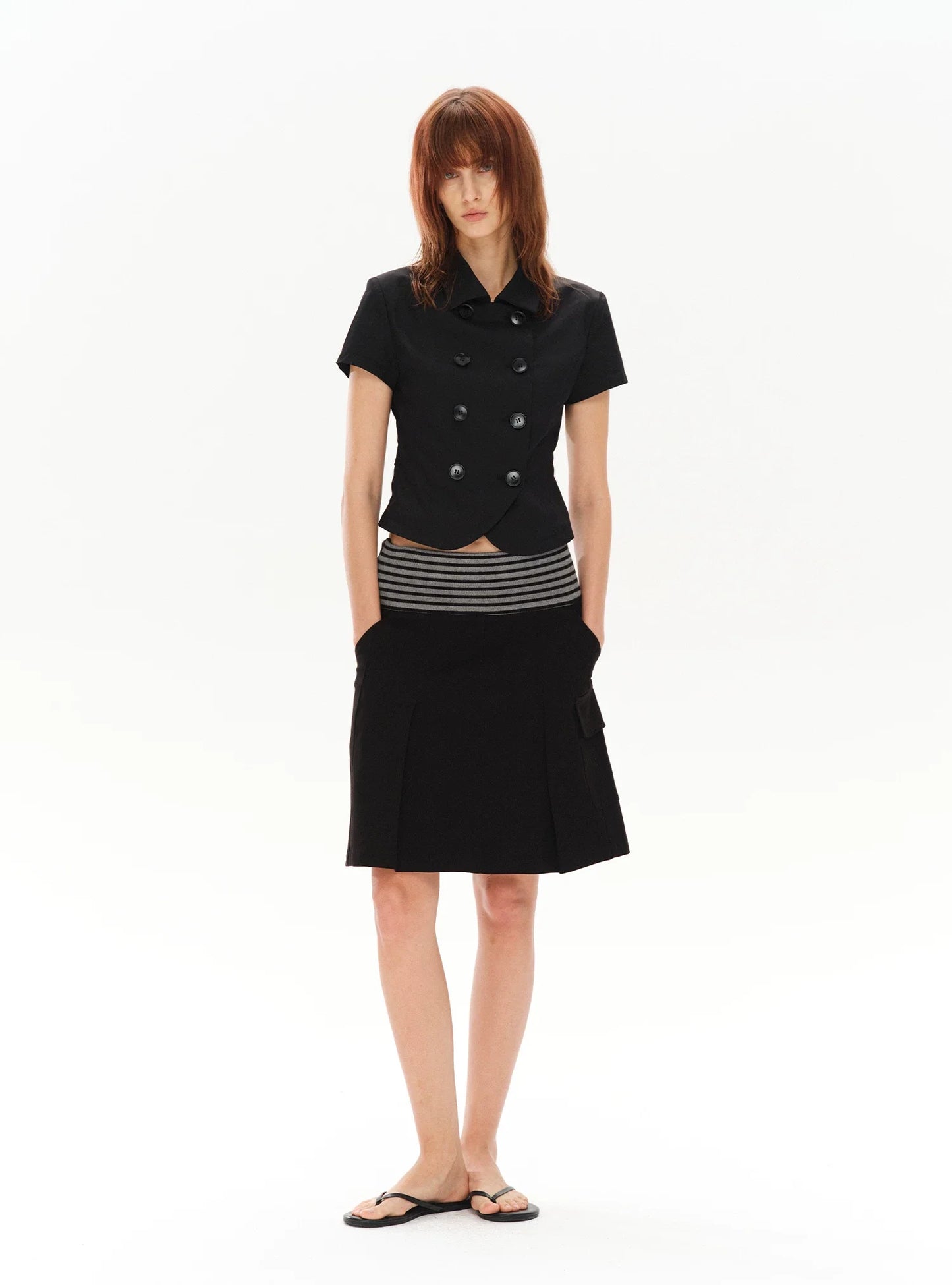 PLEATED STRIPED A-LINE MIDI SKIRT