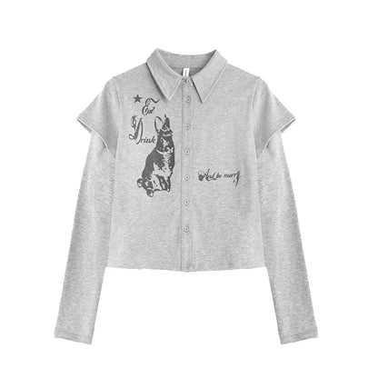 RABBIT PRINT LAPEL KNIT TOP
