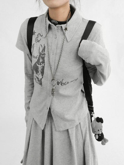 RABBIT PRINT LAPEL KNIT TOP
