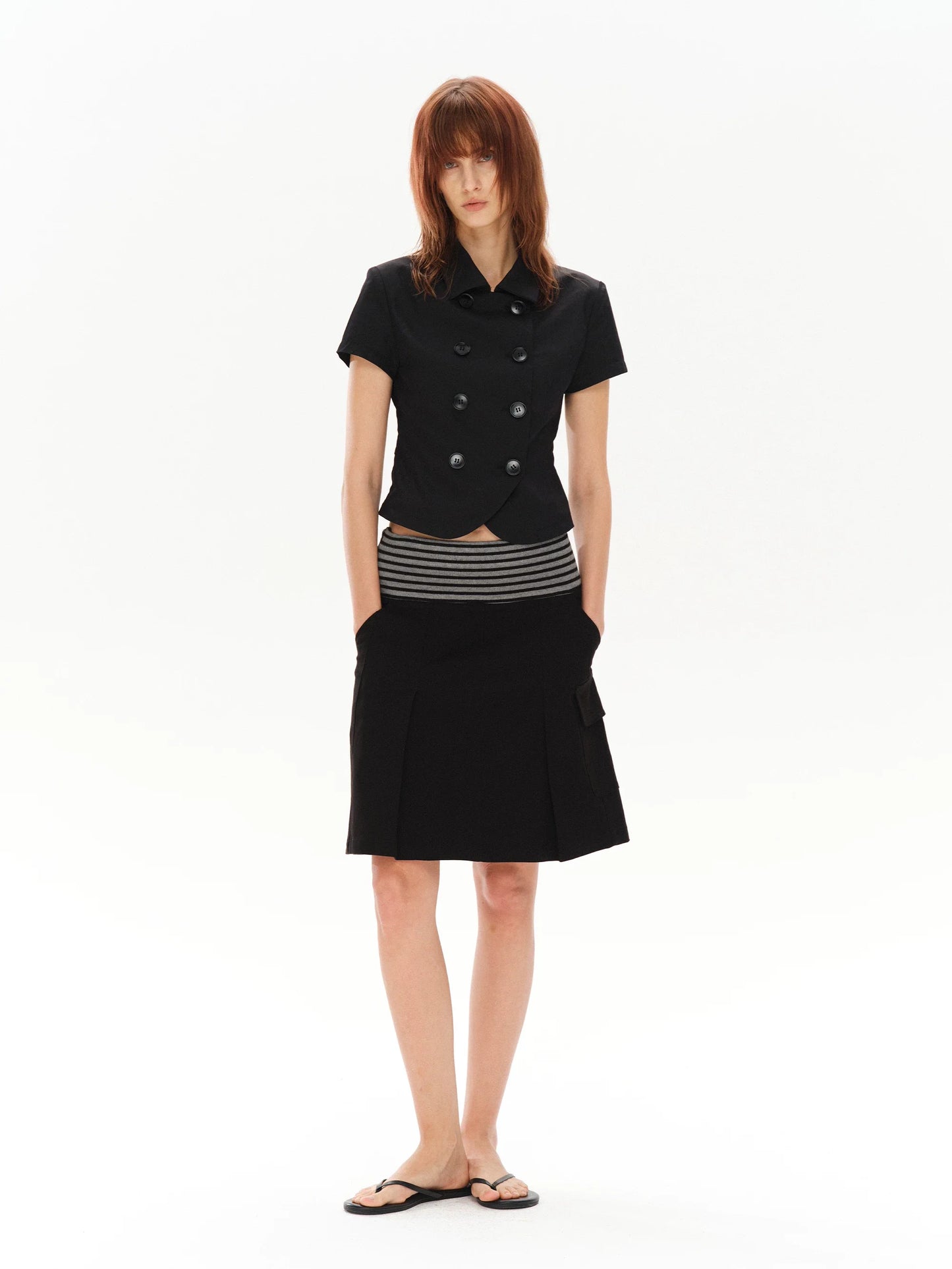 PLEATED STRIPED A-LINE MIDI SKIRT