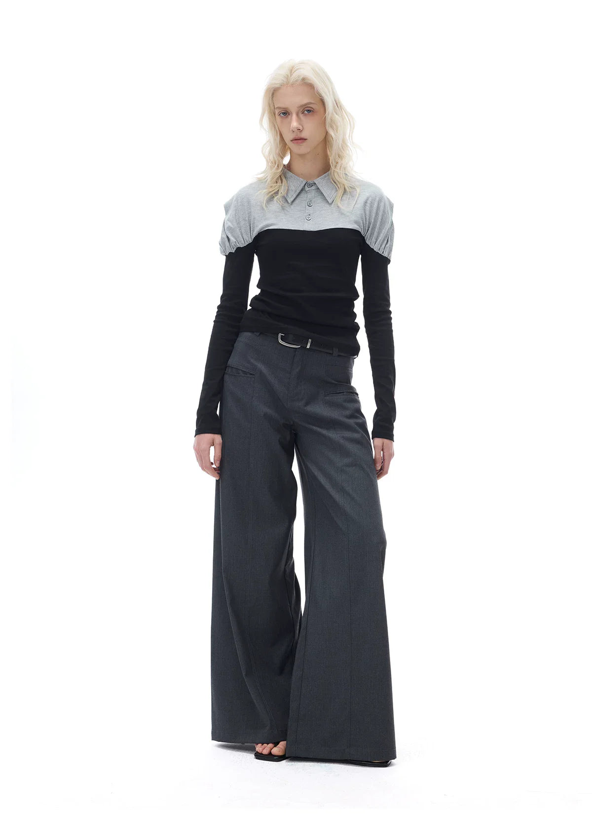 RELAXED GRAY PLEATED WIDE-LEG PANTS