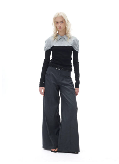 RELAXED GRAY PLEATED WIDE-LEG PANTS