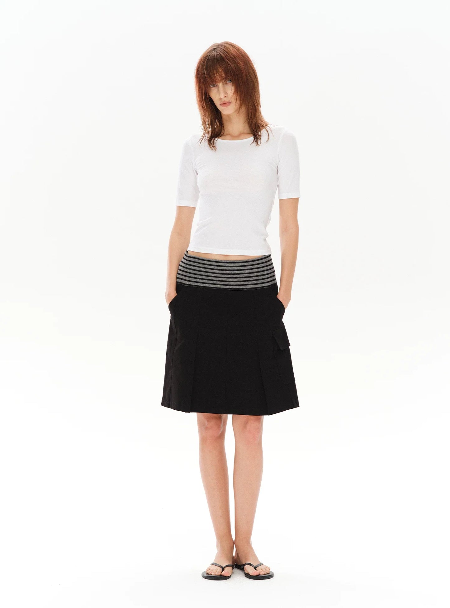 PLEATED STRIPED A-LINE MIDI SKIRT