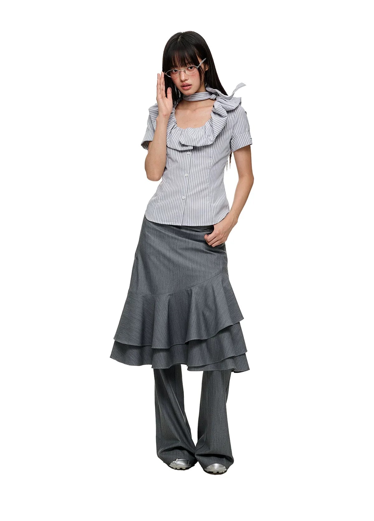LAYERED RUFFLE SKIRT & FLARE TROUSERS