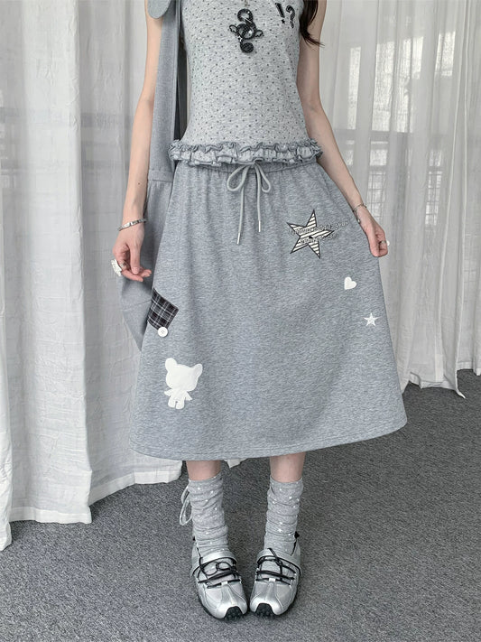 Y2K CARTOON EMBROIDERED MIDI SKIRT