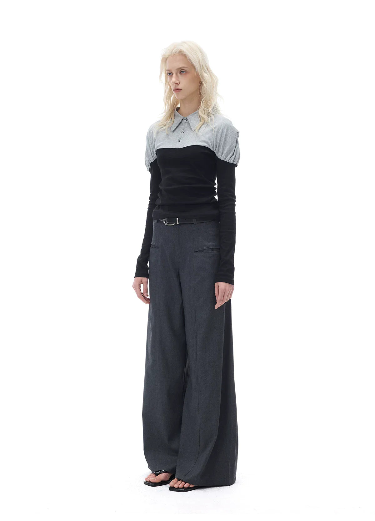 RELAXED GRAY PLEATED WIDE-LEG PANTS
