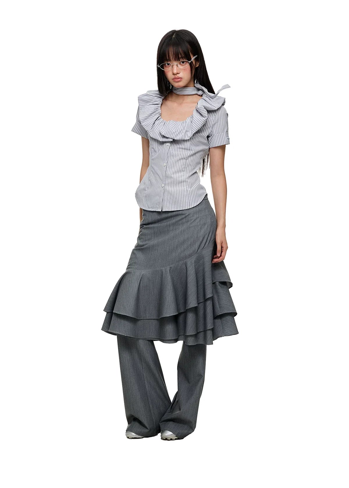 LAYERED RUFFLE SKIRT & FLARE TROUSERS