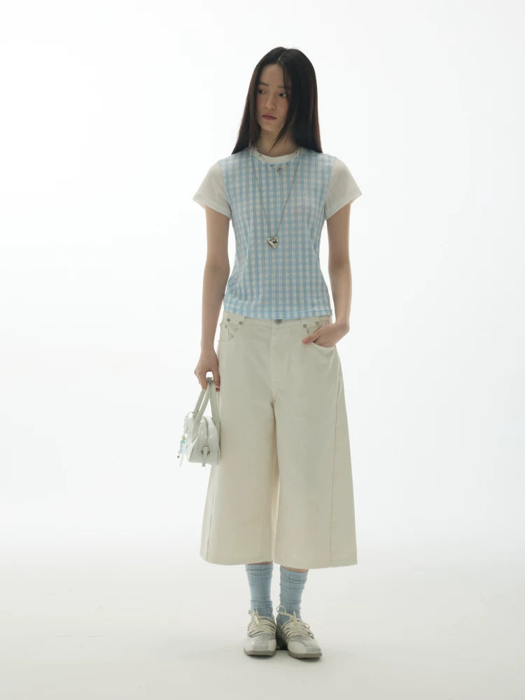 PLAID SPLICING SHORT SLEEVE TOP