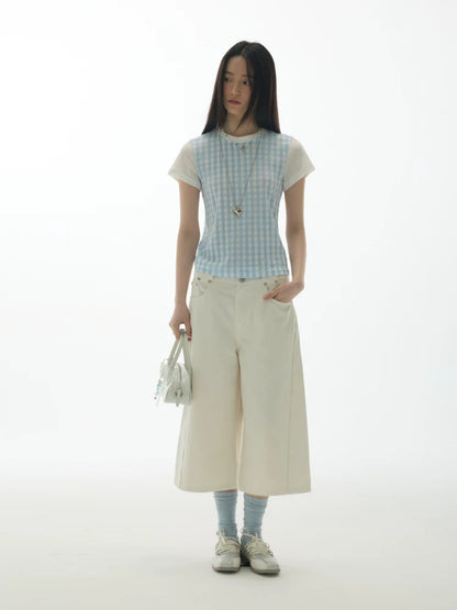 PLAID SPLICING SHORT SLEEVE TOP