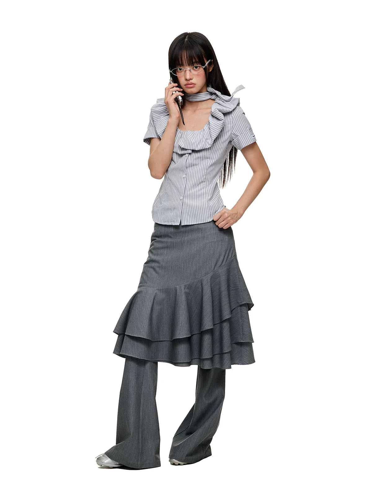 LAYERED RUFFLE SKIRT & FLARE TROUSERS
