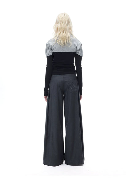 RELAXED GRAY PLEATED WIDE-LEG PANTS