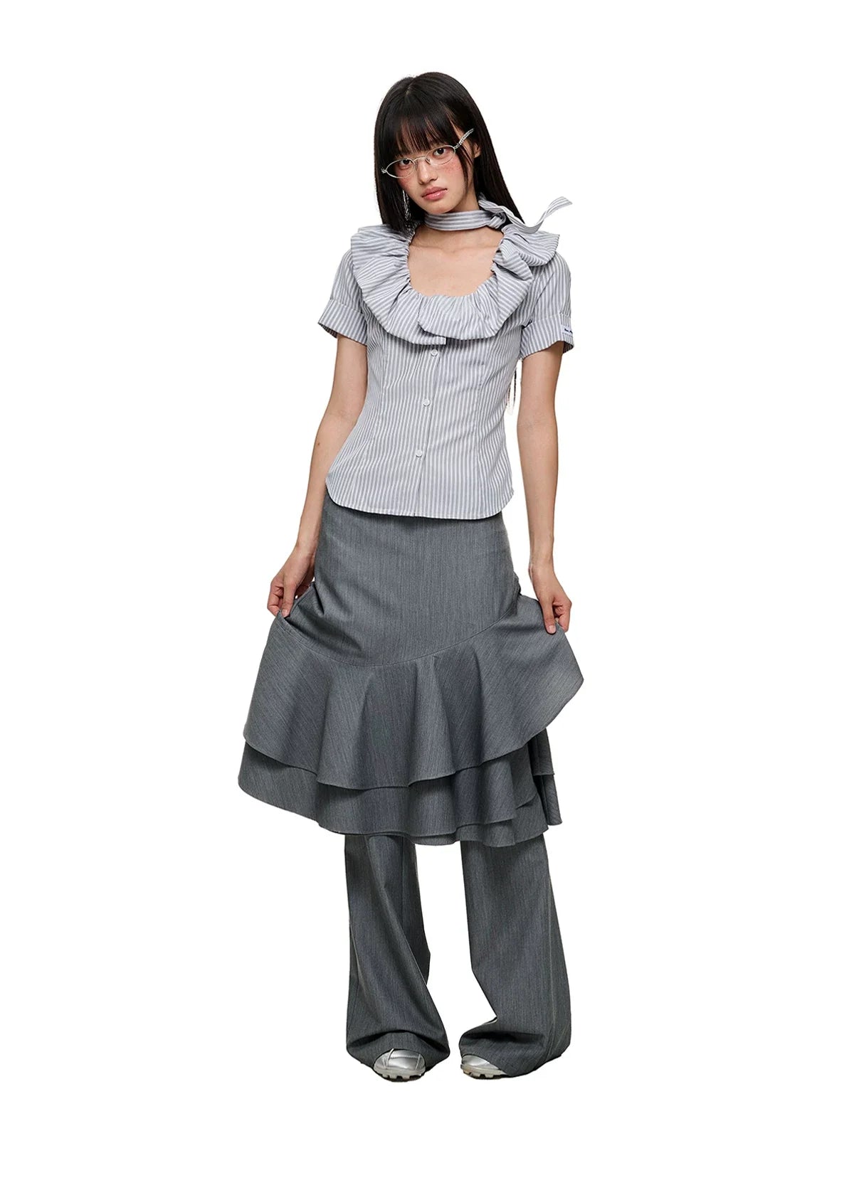 LAYERED RUFFLE SKIRT & FLARE TROUSERS