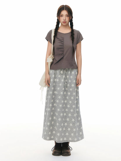 PLEATED ROUND NECK COTTON T-SHIRT