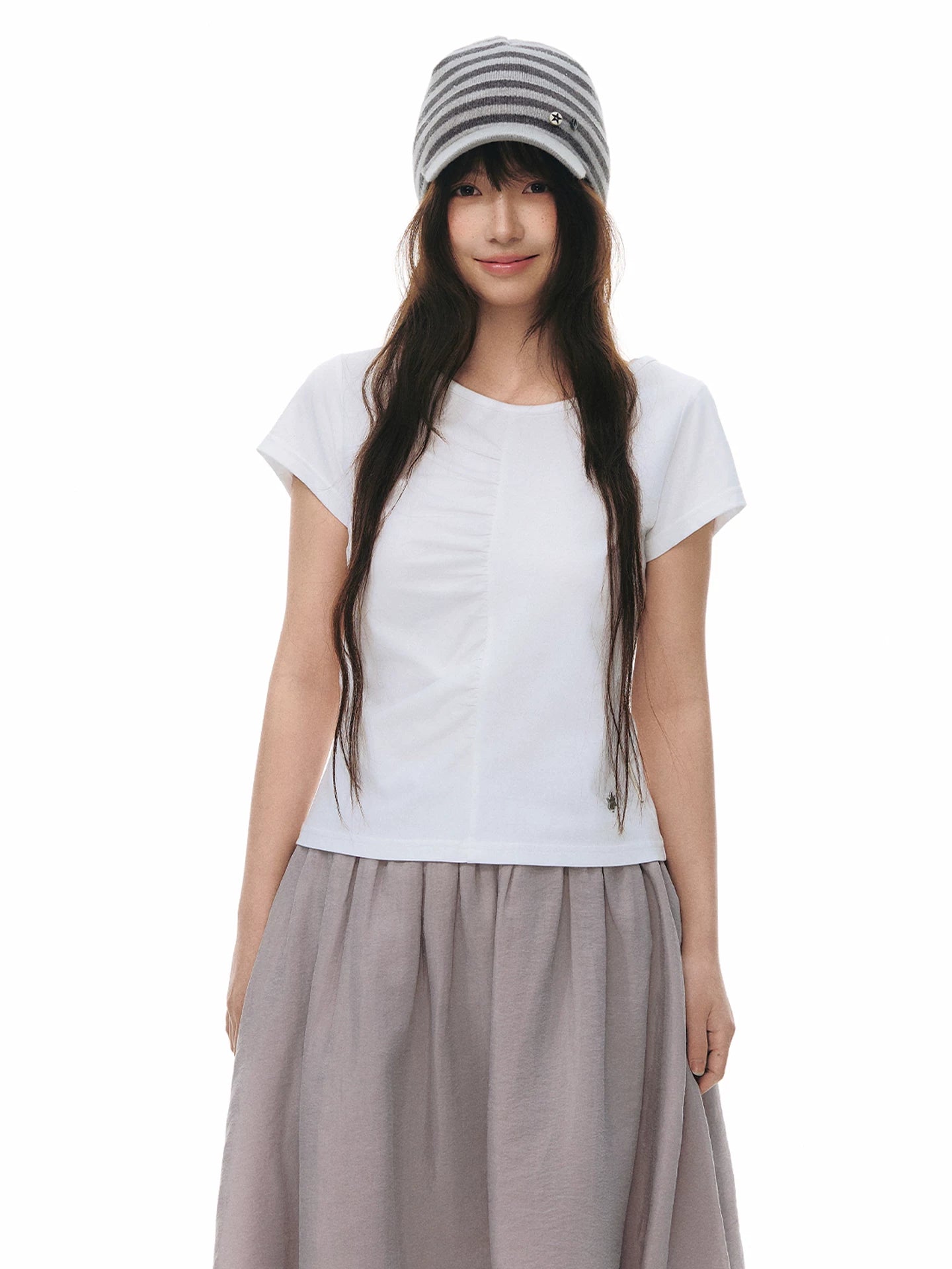 PLEATED ROUND NECK COTTON T-SHIRT