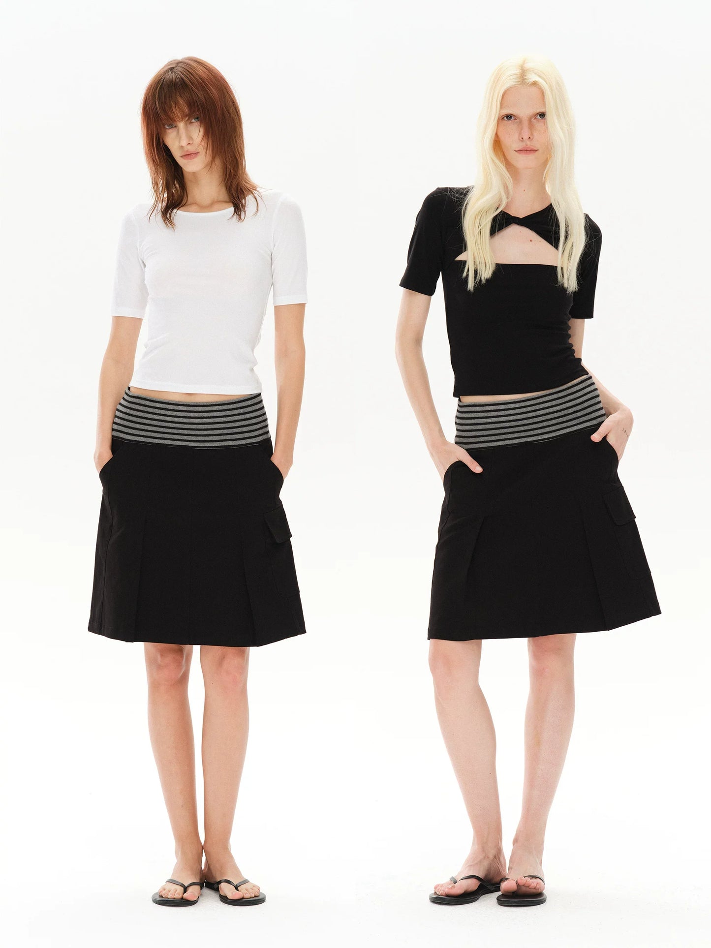 PLEATED STRIPED A-LINE MIDI SKIRT