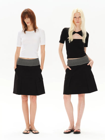 PLEATED STRIPED A-LINE MIDI SKIRT