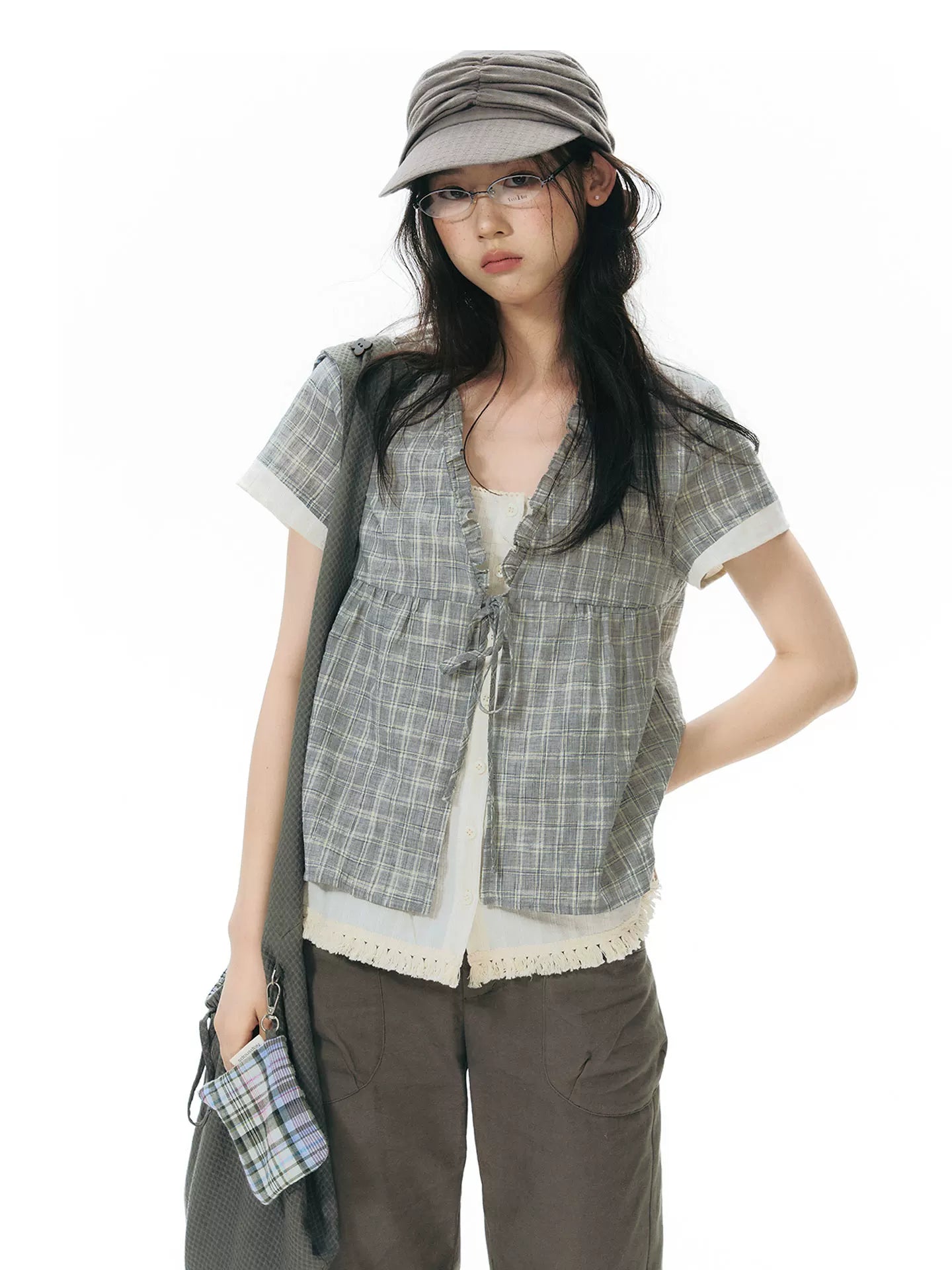 PLAID V-NECK TIE CARDIGAN SHIRT