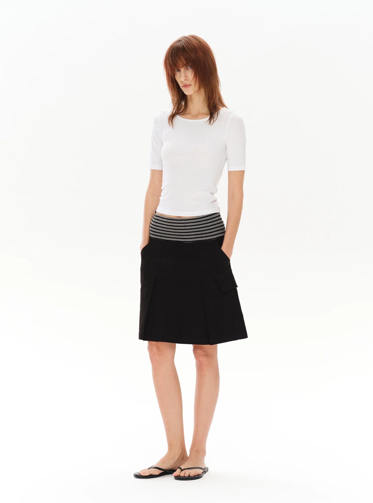 PLEATED STRIPED A-LINE MIDI SKIRT
