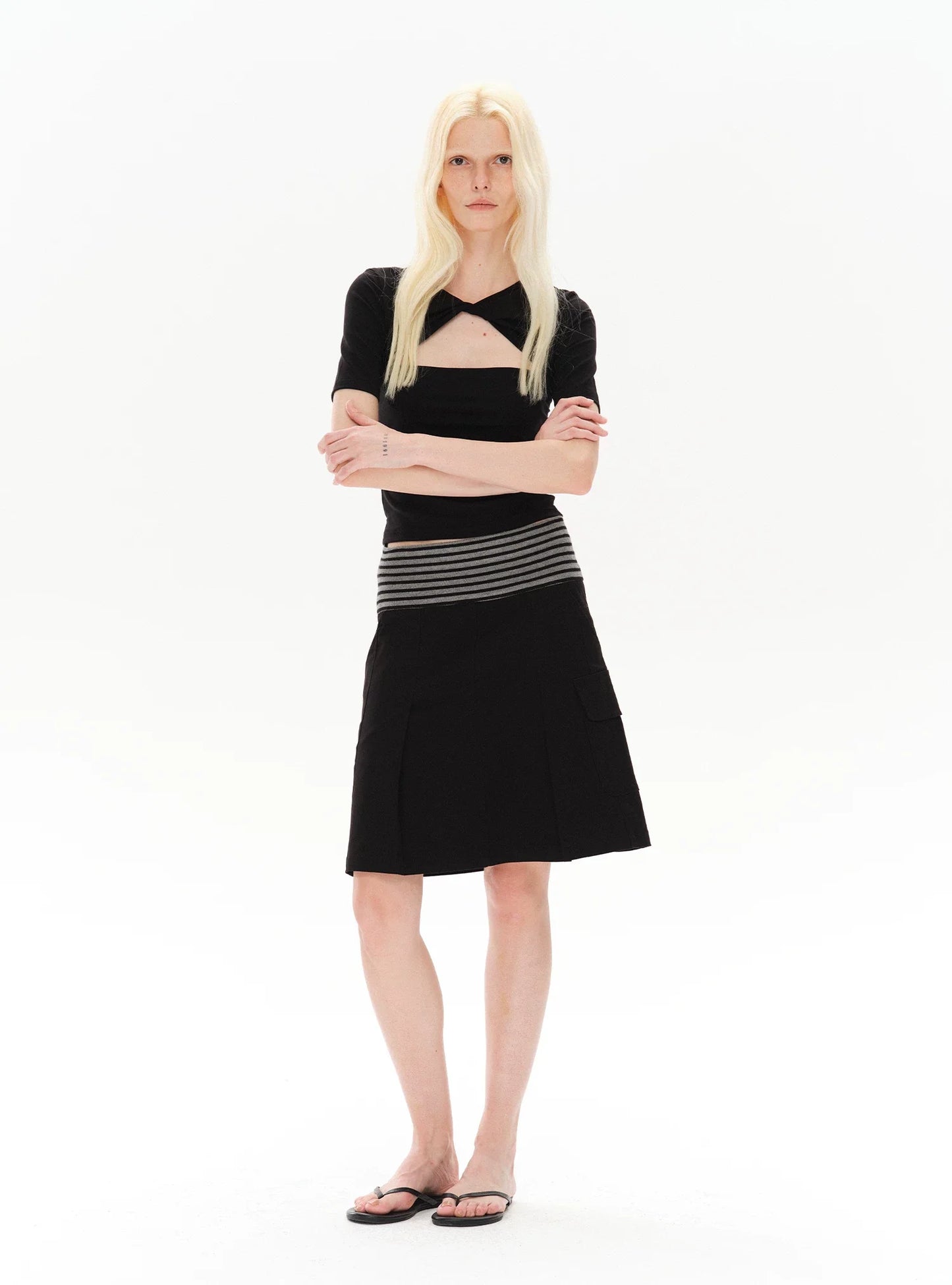 PLEATED STRIPED A-LINE MIDI SKIRT