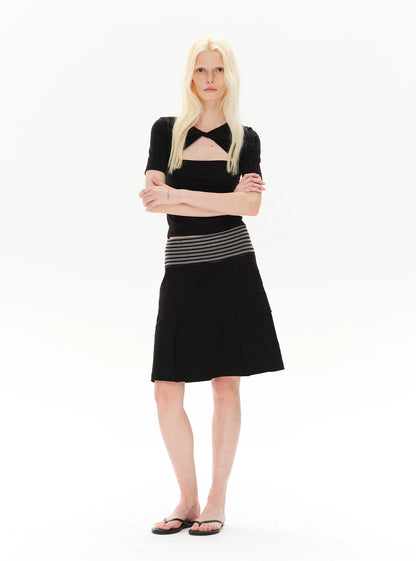 PLEATED STRIPED A-LINE MIDI SKIRT