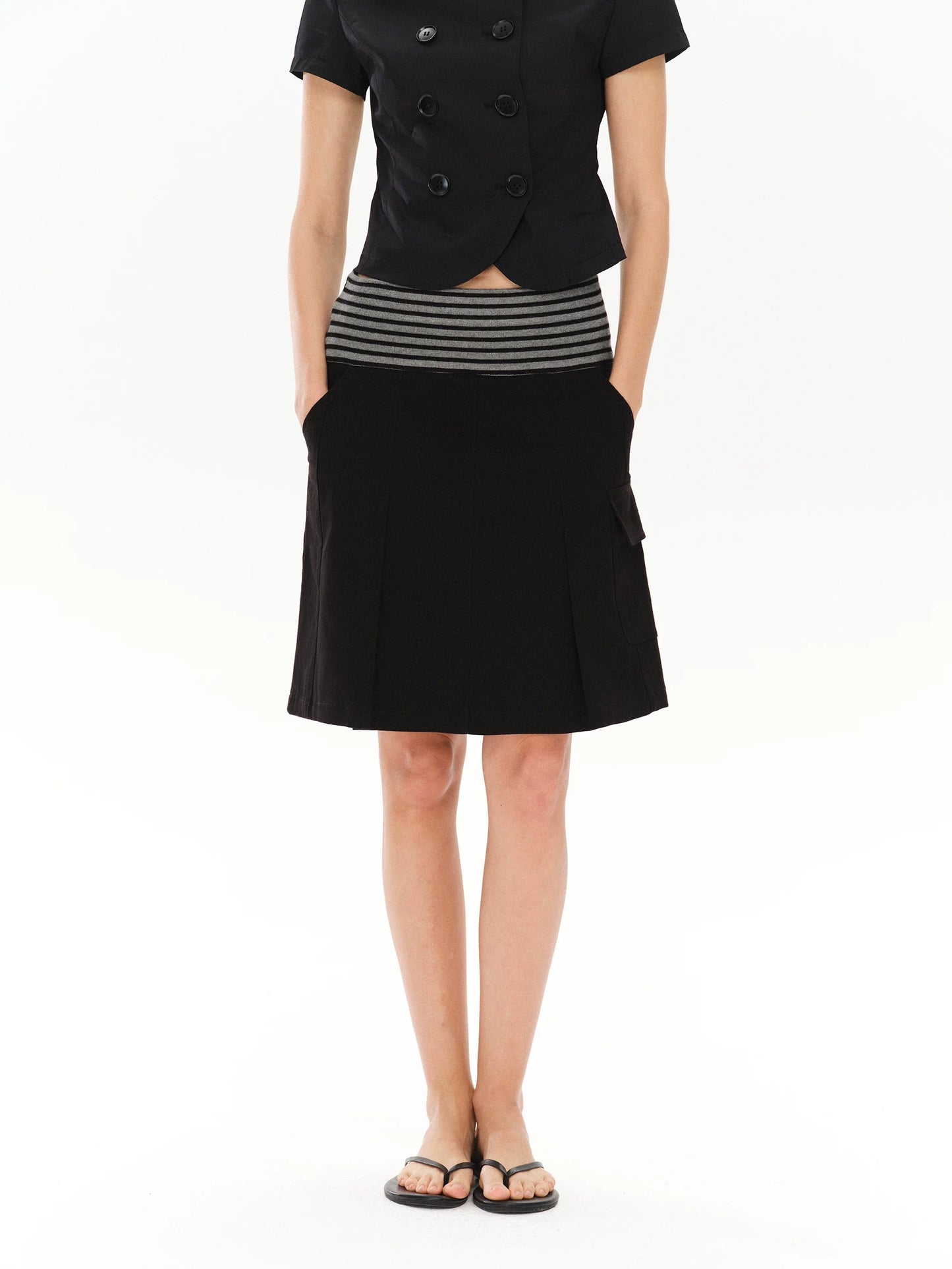 PLEATED STRIPED A-LINE MIDI SKIRT