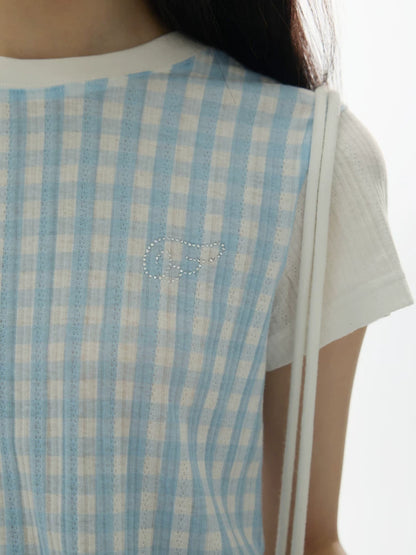 PLAID SPLICING SHORT SLEEVE TOP