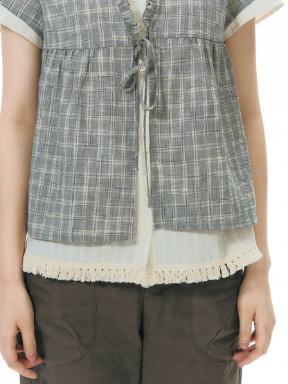 PLAID V-NECK TIE CARDIGAN SHIRT
