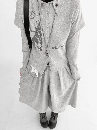 RABBIT PRINT LAPEL KNIT TOP
