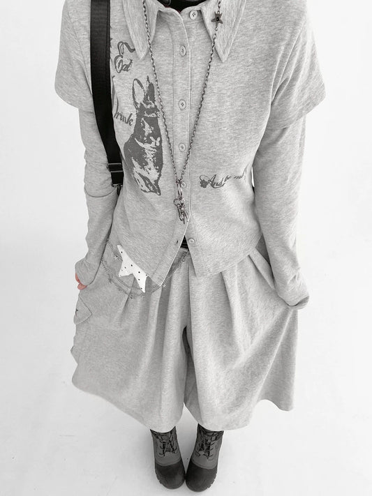 RABBIT PRINT LAPEL KNIT TOP
