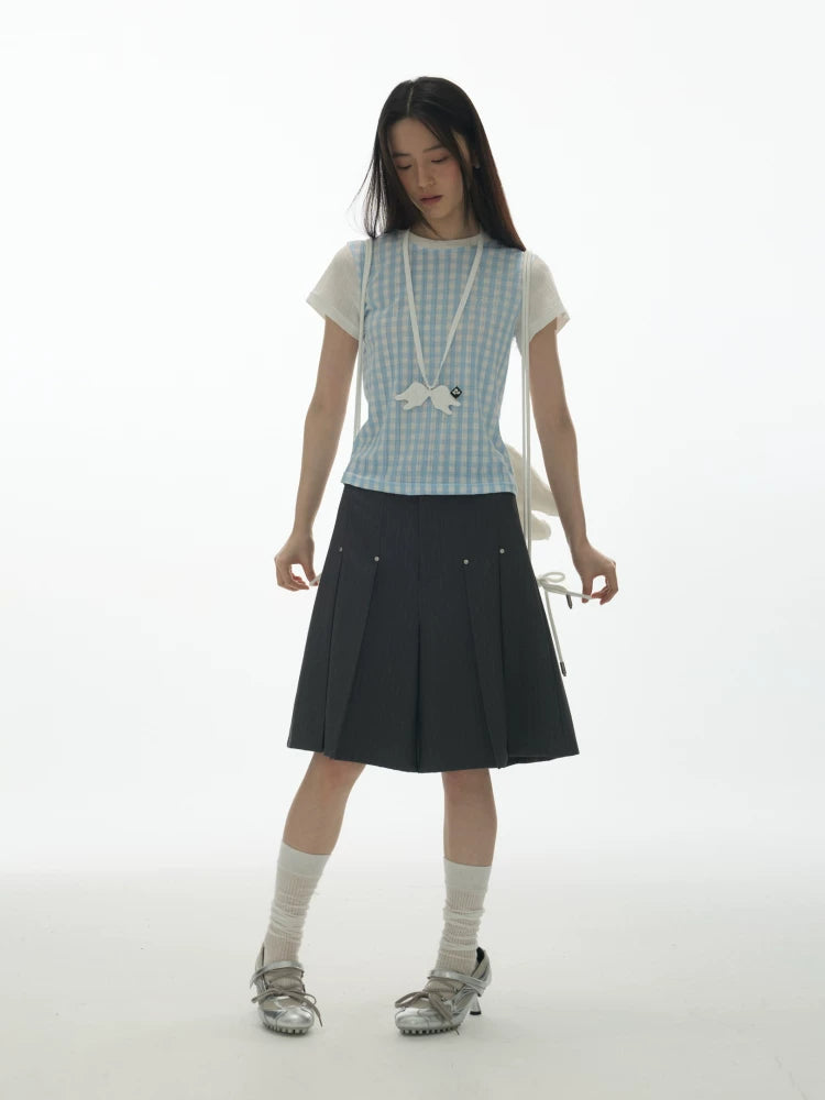 PLAID SPLICING SHORT SLEEVE TOP