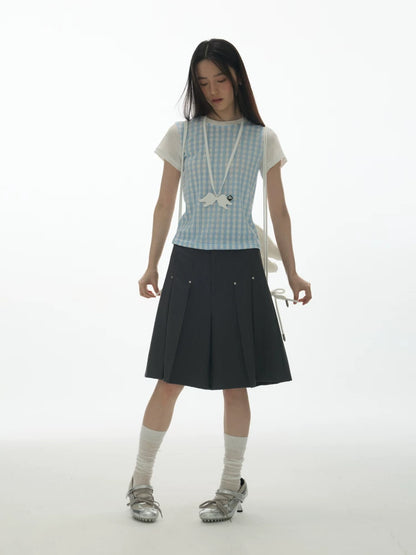 PLAID SPLICING SHORT SLEEVE TOP
