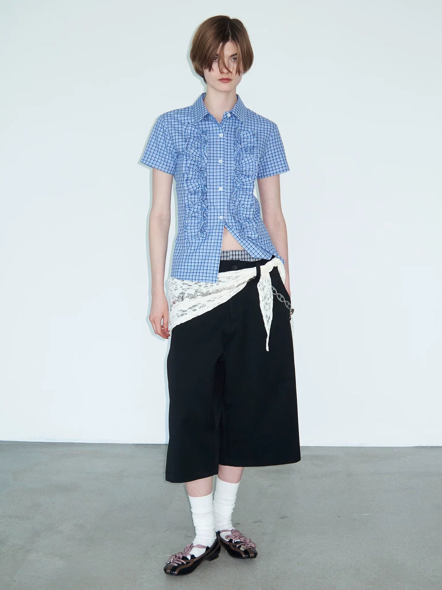 LACE-TRIMMED CHECK SHIRT