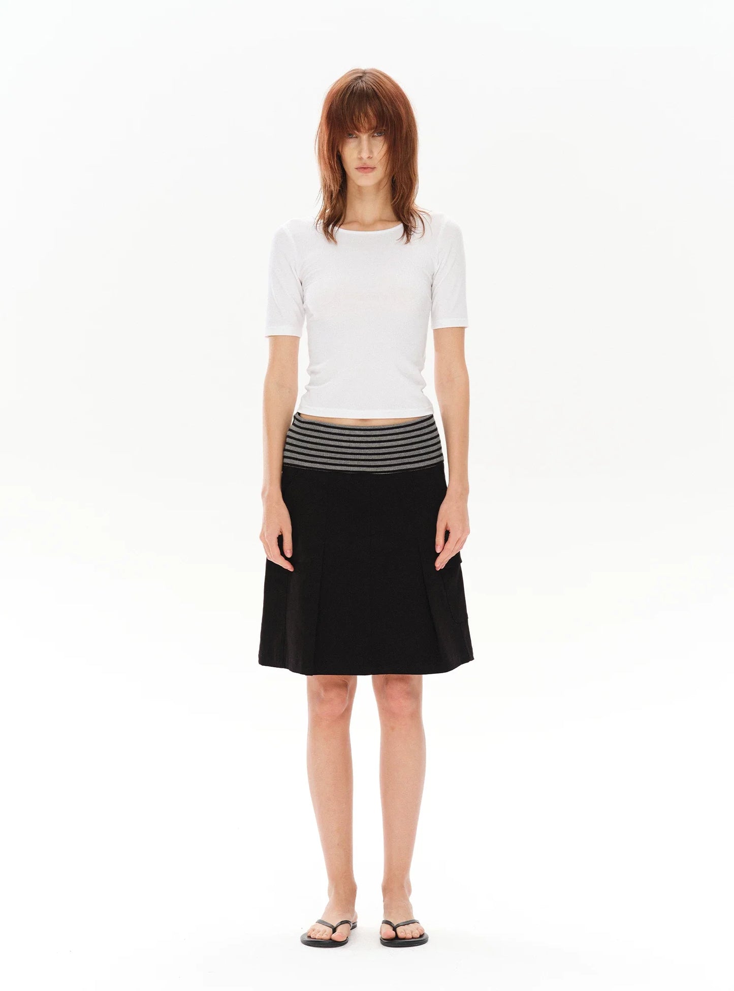 PLEATED STRIPED A-LINE MIDI SKIRT