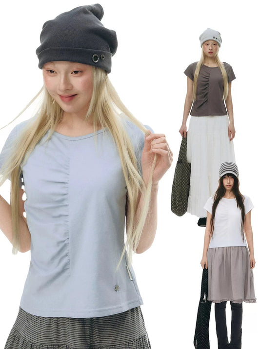 PLEATED ROUND NECK COTTON T-SHIRT