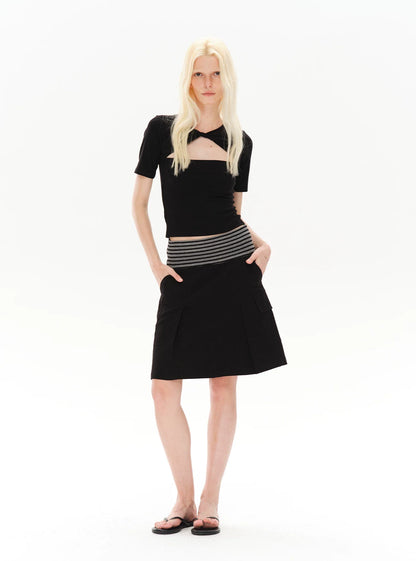 PLEATED STRIPED A-LINE MIDI SKIRT